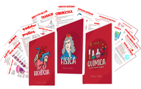 Imagem do combo de naturezas. Possui as capas de biologia, física e química. 